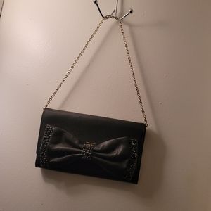 Kate Spade Crossbody Clutch Crystals Accents Bow Black Leather Shoulder Bag